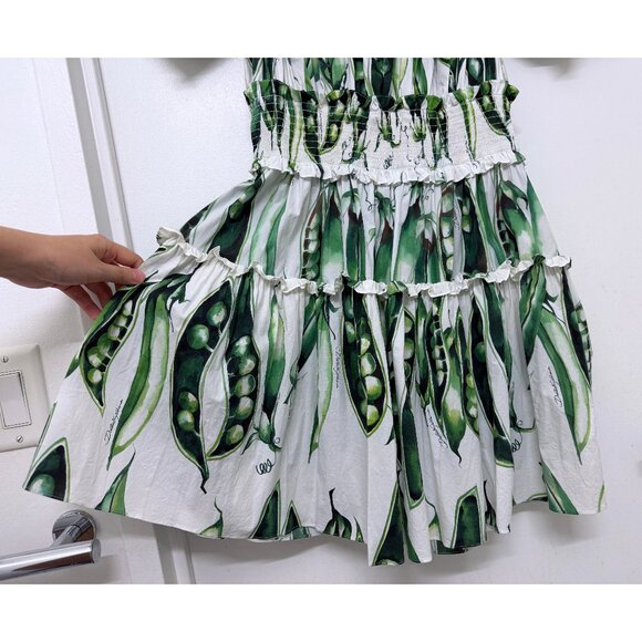 Dolce & Gabbana Green Beans Snap Pea Mini Dress White Cotton Smocked IT 48 - Picture 6 of 16